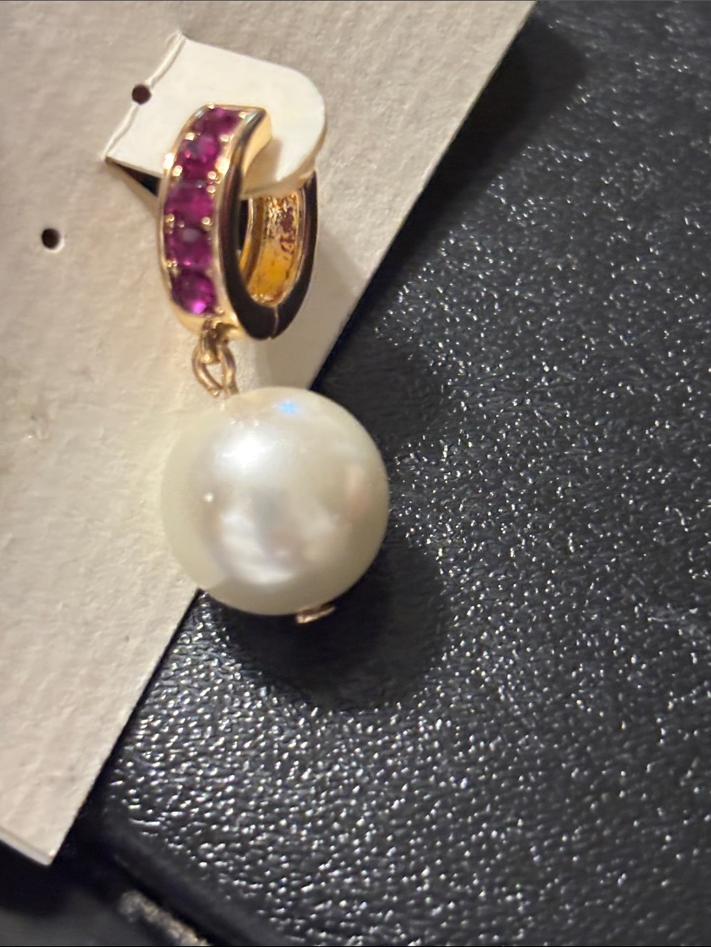 Gold-Tone Pink Crystal Hoop Pearl Drop‎ Earrings Dangle Drop - Picture 3 of 11